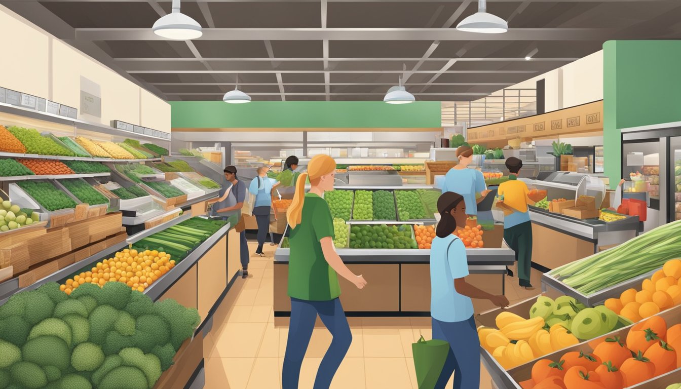 A bustling local food co-op with fresh produce, bulk bins, and friendly staff assisting customers