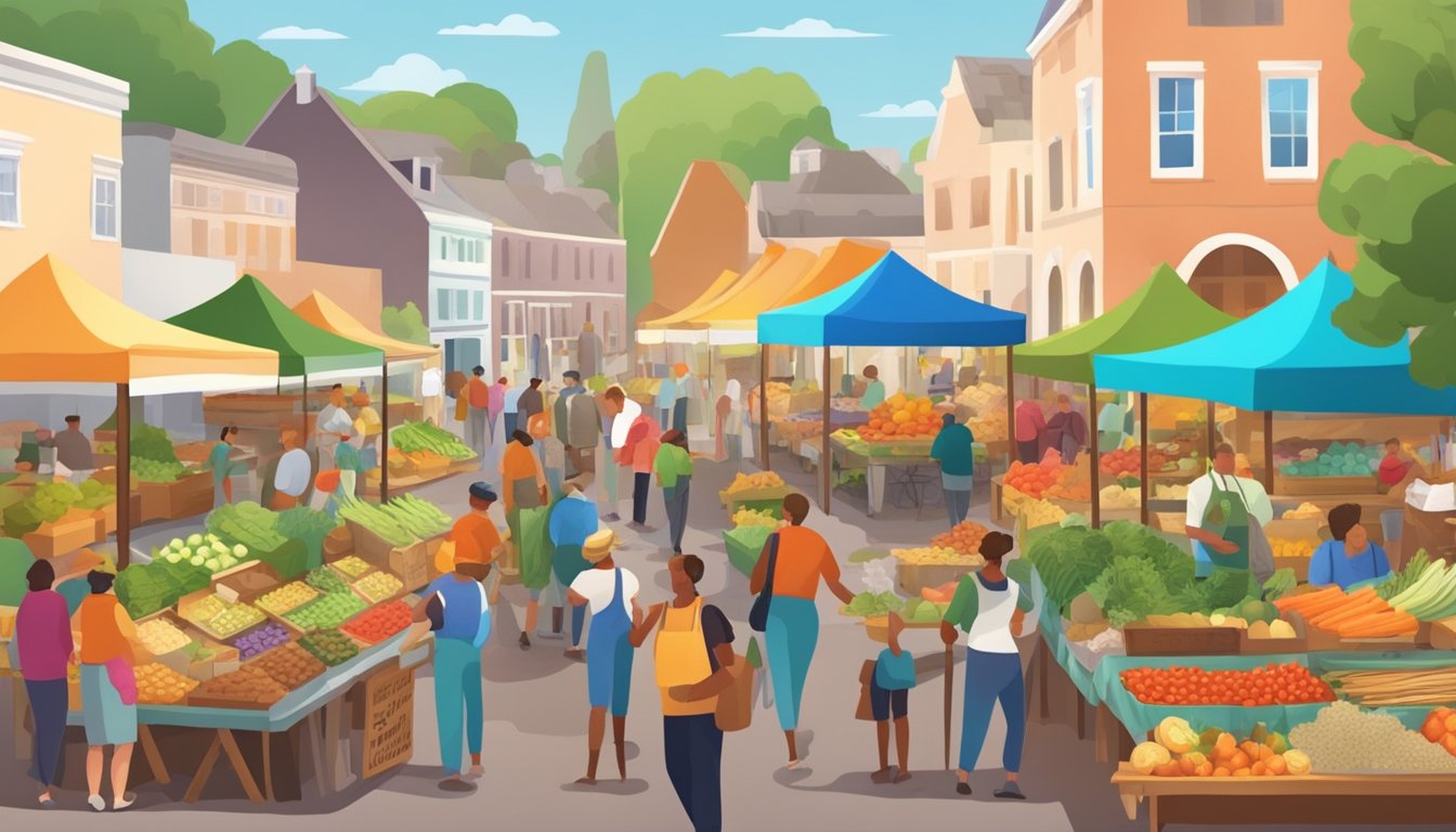 A bustling farmers' market with colorful stalls and a variety of fresh produce, baked goods, and homemade goods. Busy shoppers chat with local farmers and artisans