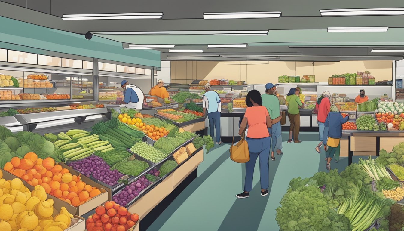 A bustling local food co-op in Aurora, IL, with colorful produce, friendly vendors, and customers browsing the fresh selection