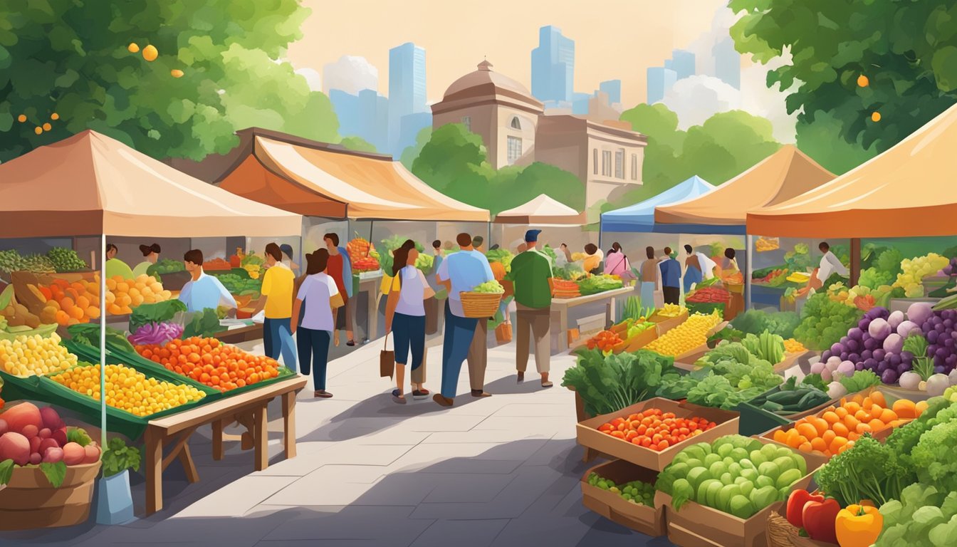 A bustling farmers market with colorful displays of fresh fruits and vegetables, surrounded by lush greenery and blooming flowers