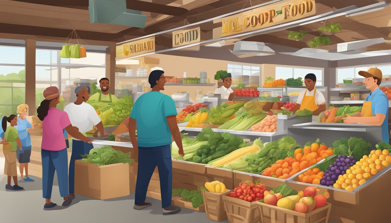 A bustling local food coop with colorful produce, educational displays, and friendly staff assisting customers