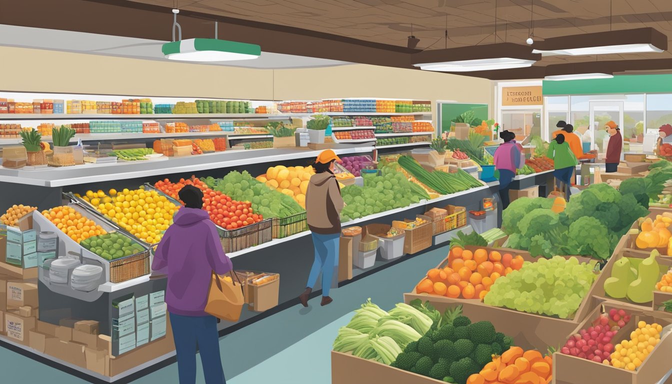 A bustling local food coop in Aurora, IL, with colorful produce displays, friendly staff, and customers browsing the aisles