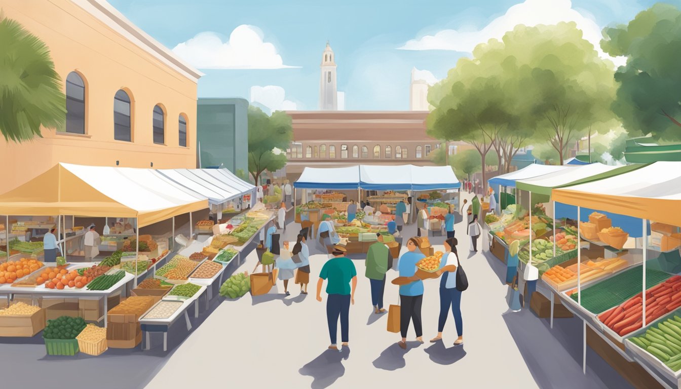 A bustling farmer's market with various food co-op stalls, showcasing fresh produce, dairy products, and locally made goods in Tampa Bay