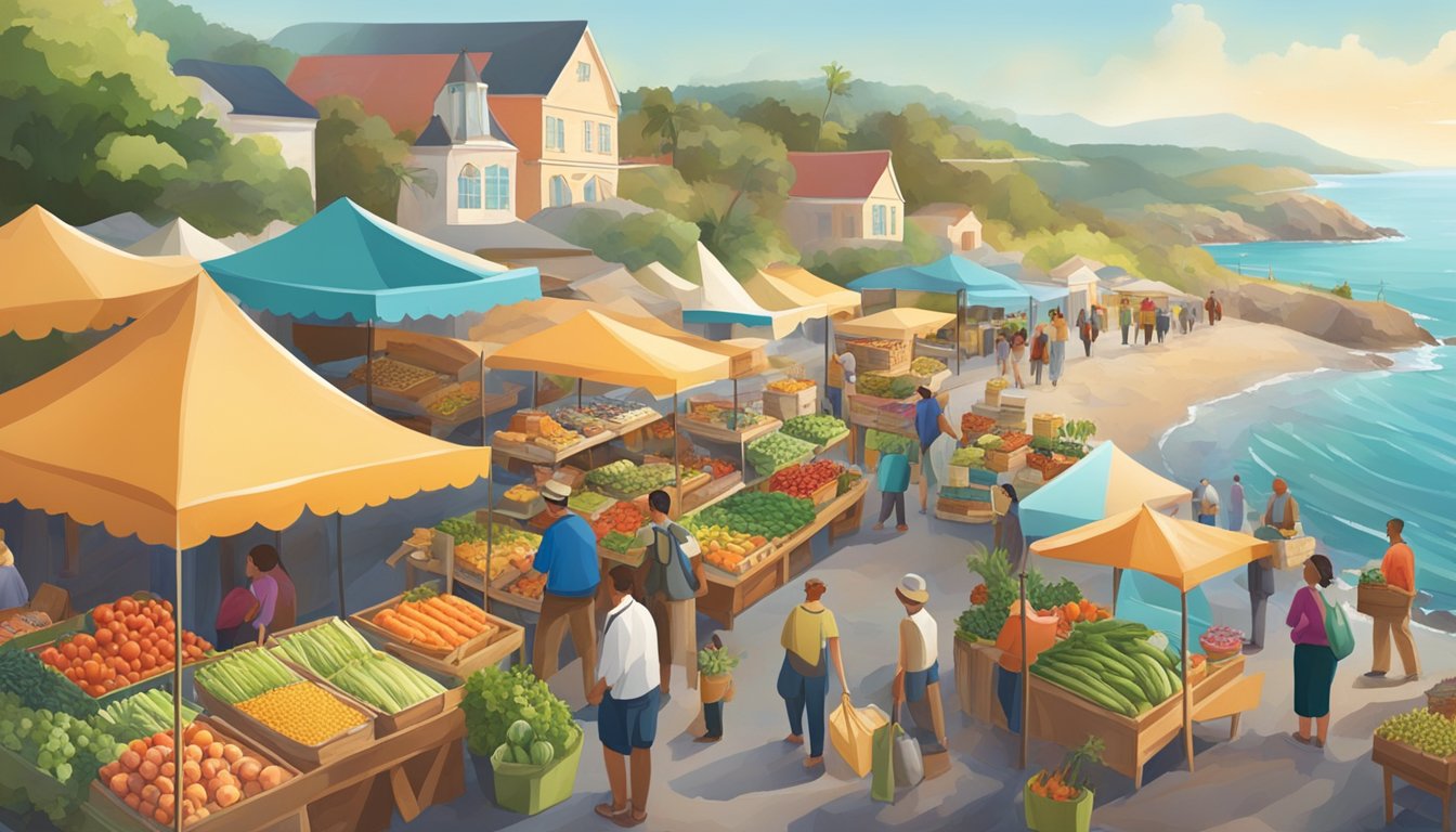 A bustling farmers market with colorful stalls and a variety of fresh produce, baked goods, and locally made products. The ocean can be seen in the background, adding to the coastal atmosphere