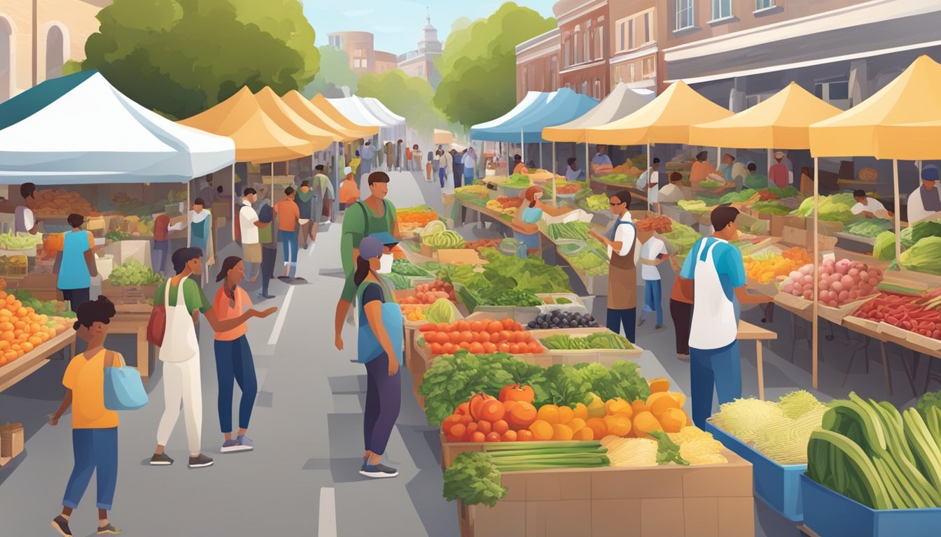 A bustling farmers market with colorful stalls and a variety of fresh produce, surrounded by a diverse community of vendors and customers