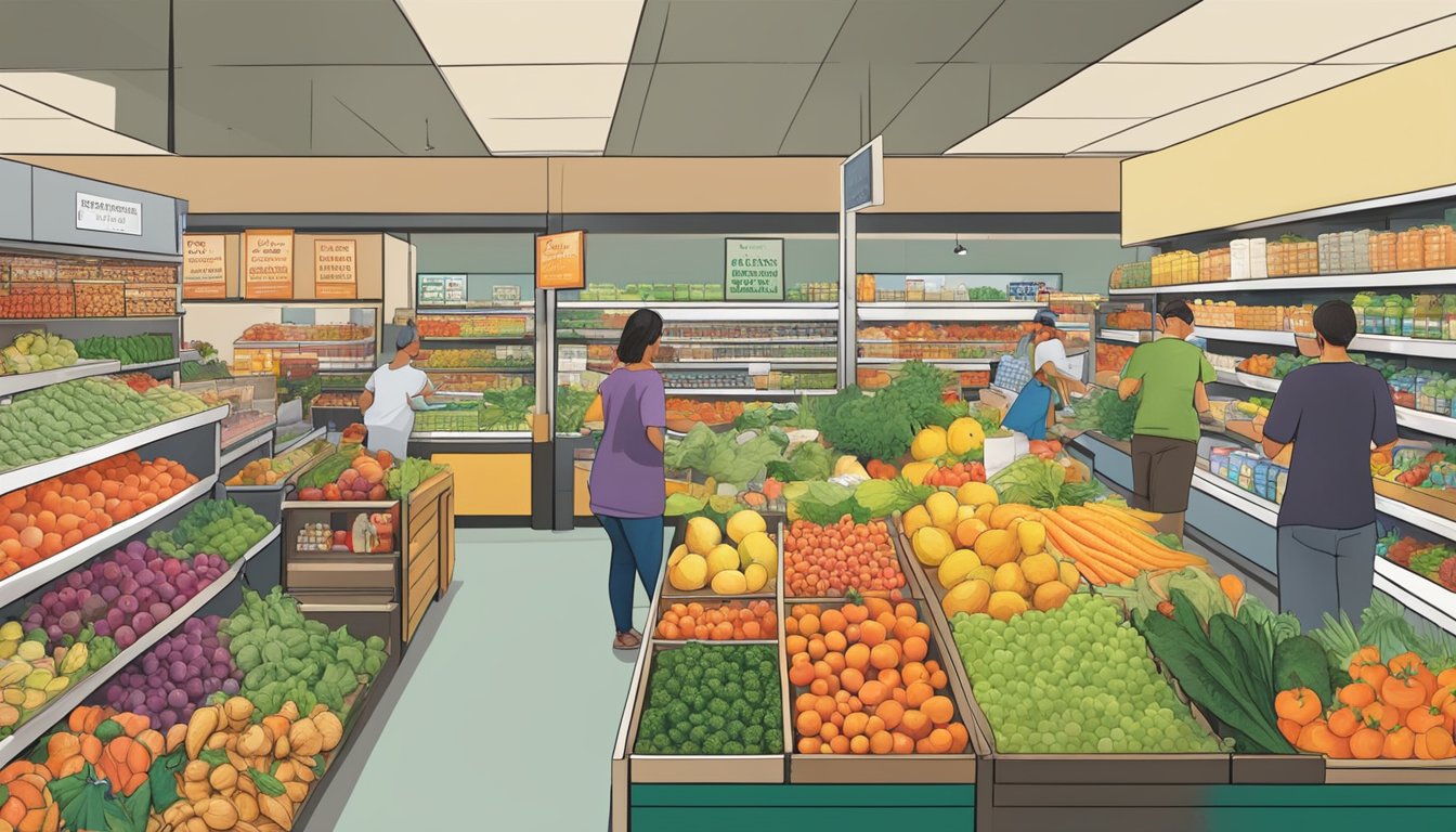 A bustling local food co-op in Oceanside, CA, with colorful produce, shelves stocked with goods, and customers browsing the aisles