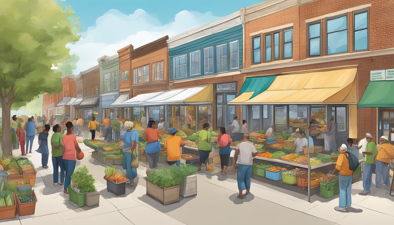 A bustling local food coop with volunteers and customers interacting, surrounded by a vibrant community in Aurora, IL