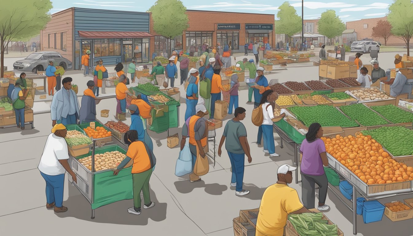 A bustling local food coop in Aurora, IL, with volunteers organizing and distributing food assistance to community members