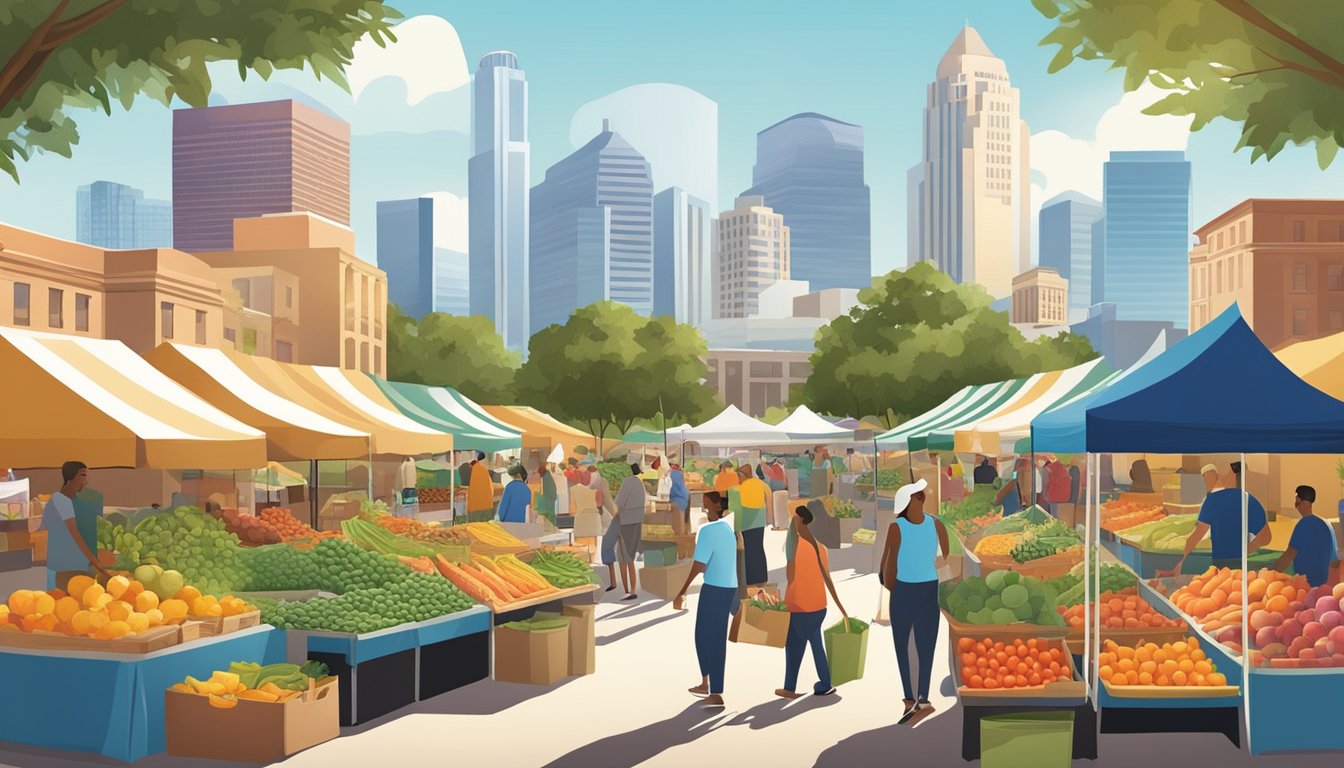 A bustling farmers market with colorful produce, local vendors, and eco-friendly packaging. The backdrop of a sunny Tampa, FL skyline adds to the sustainable atmosphere