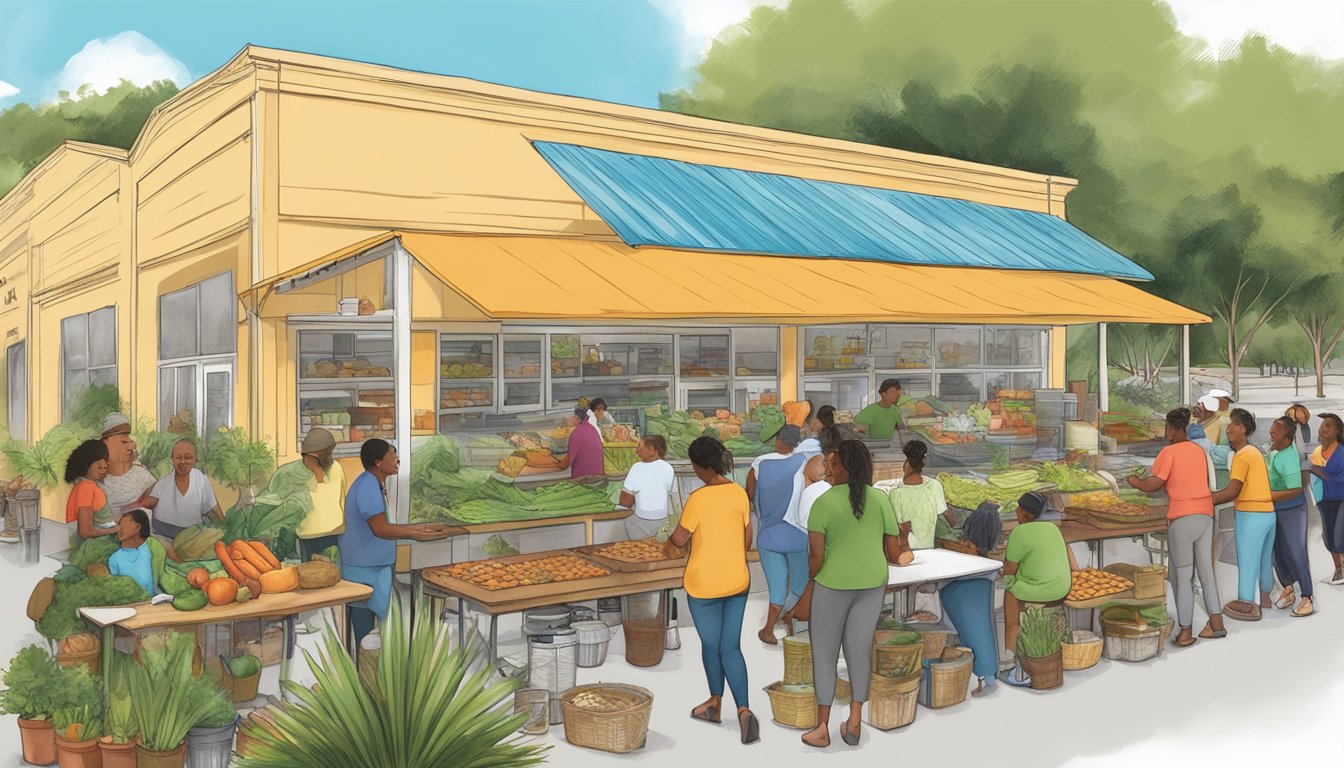 A bustling local food coop with diverse community members engaging in educational workshops and activities in Tampa, FL