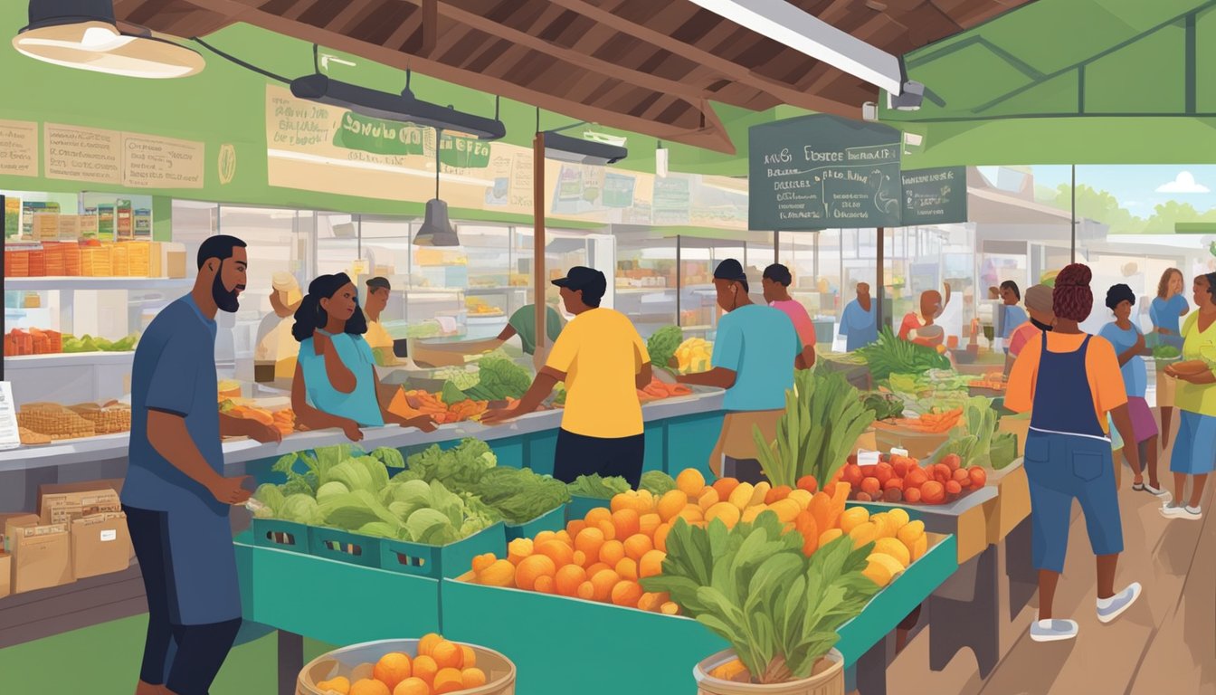 A bustling local food coop in Tampa, FL, with vendors selling fresh produce and homemade goods, customers browsing and chatting, and a vibrant, community atmosphere