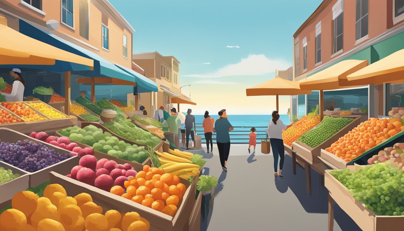 A bustling food co-op market with colorful produce, local goods, and a view of the ocean