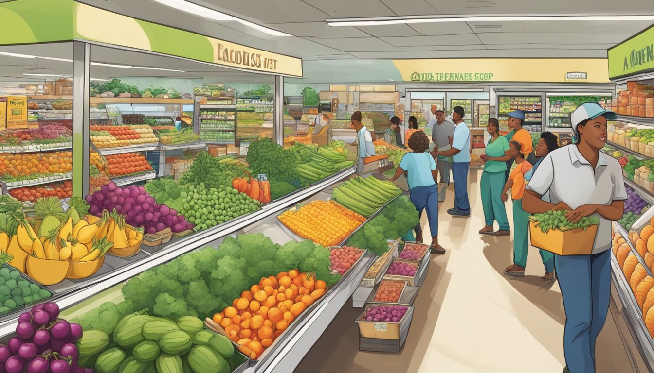 A bustling local food co-op in Tampa, FL, with colorful produce displays, friendly staff assisting customers, and a diverse selection of organic goods