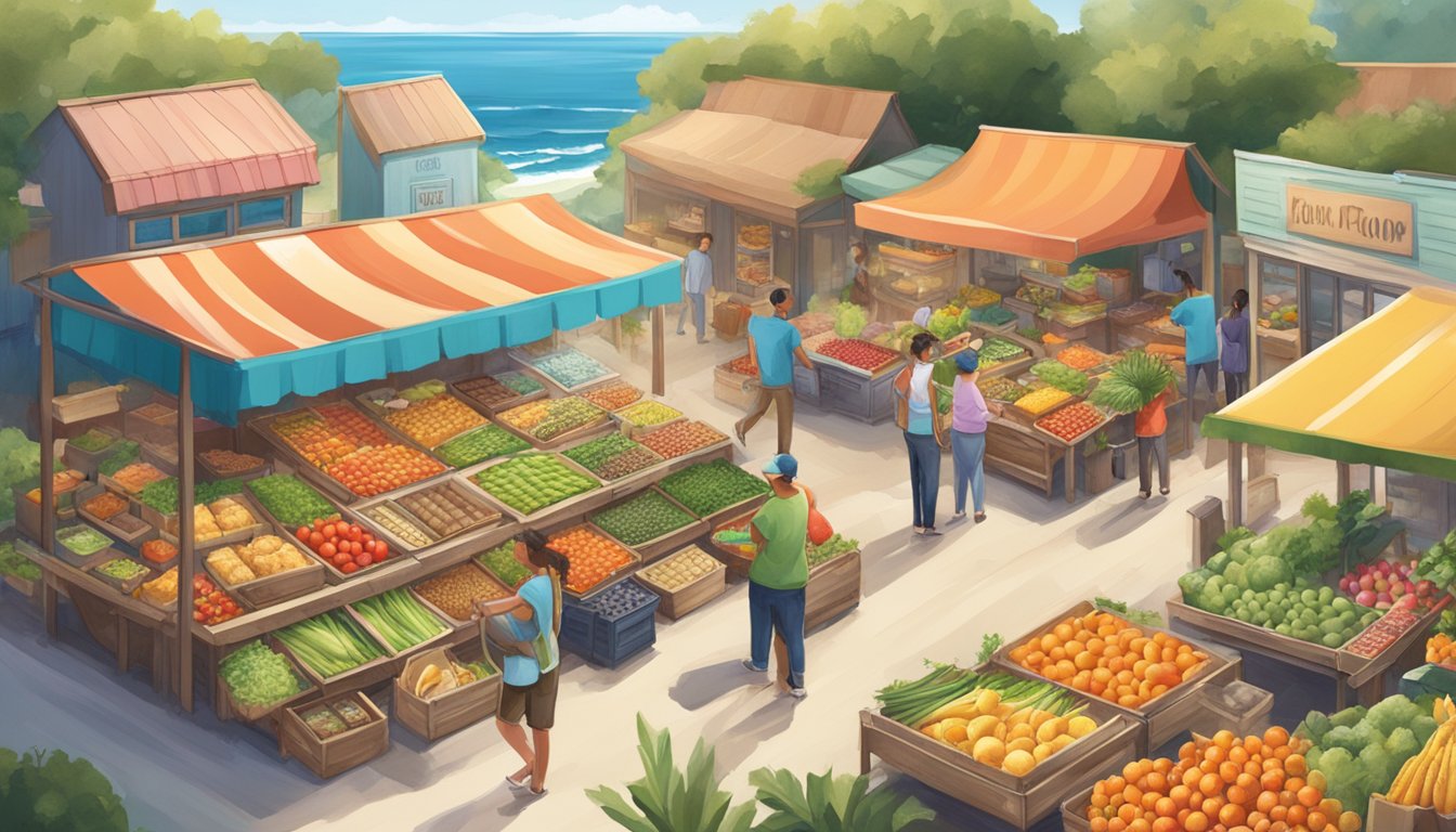 A bustling local food coop nestled by the ocean, with colorful produce stands and a vibrant online presence