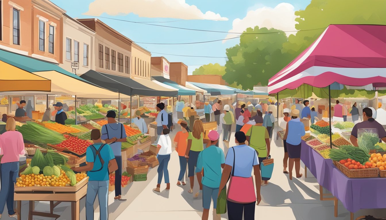 A bustling outdoor market filled with colorful stalls offering fresh produce, homemade goods, and local specialties in Conroe, TX