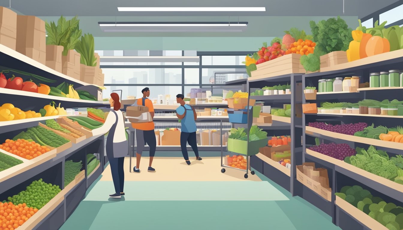 A bustling local food co-op with colorful produce, shelves of pantry items, and friendly staff assisting customers