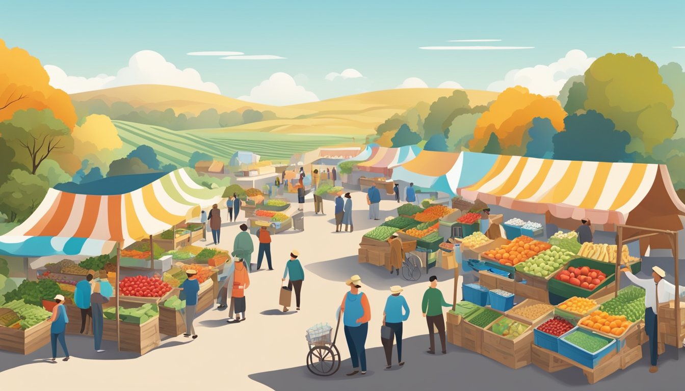 A bustling farmer's market with colorful stalls and fresh produce, set against a backdrop of rolling hills and a clear blue sky