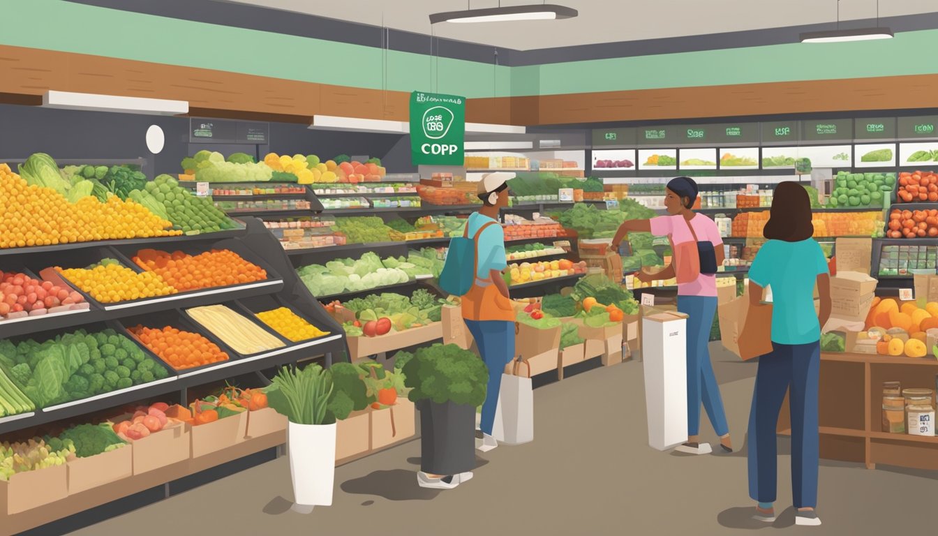 A bustling food co-op with colorful produce, local goods, and friendly staff. Customers browse the aisles filled with fresh, organic products