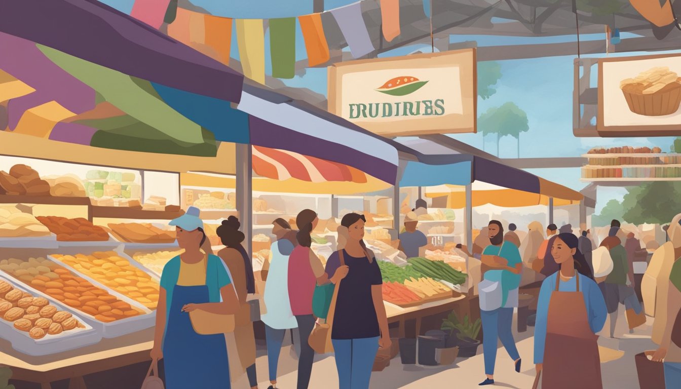 A bustling market with colorful stalls filled with artisanal and specialty foods from local producers in Conroe, TX. The air is filled with the aroma of freshly baked goods and the chatter of vendors and customers