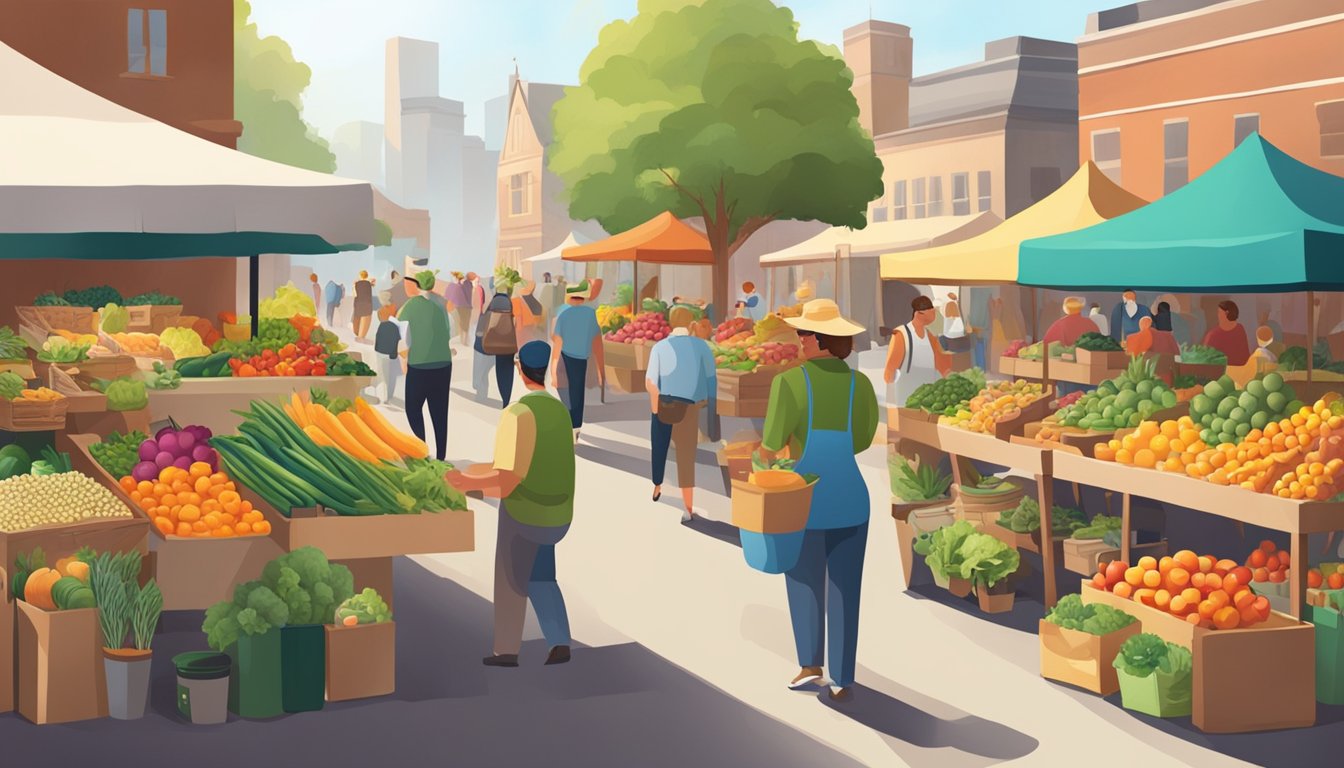 A bustling farmers' market with colorful produce and local products, surrounded by enthusiastic shoppers and friendly vendors