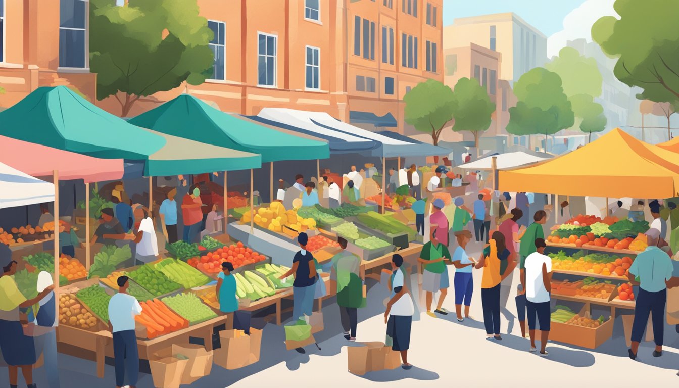 A bustling farmers' market with colorful produce stalls and a diverse crowd browsing and chatting with vendors