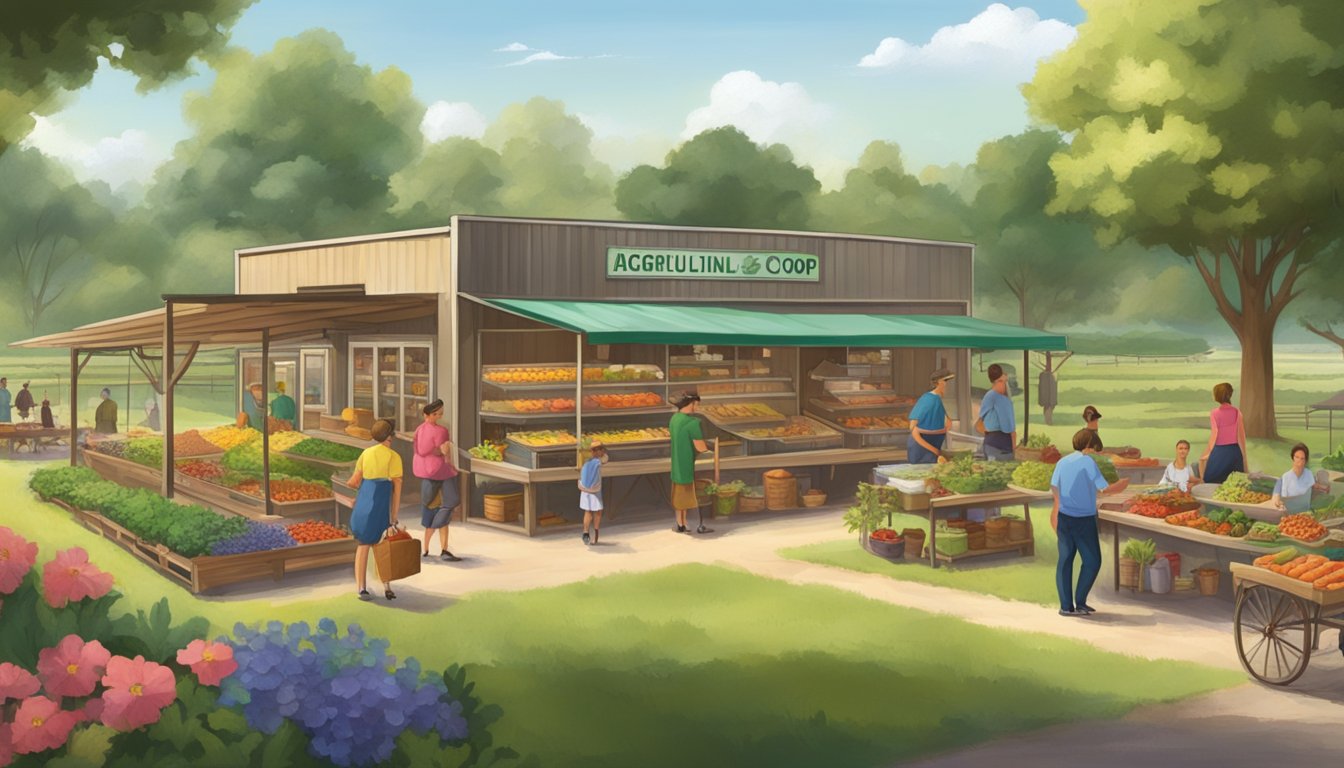 A bustling local food coop in Conroe, TX, surrounded by lush farmland and happy visitors enjoying agricultural tourism