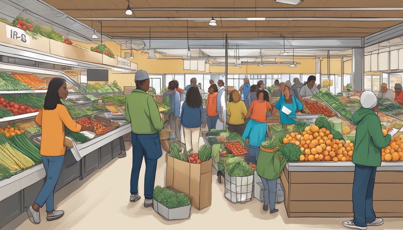 A bustling local food coop in Albany, NY, with members signing up for accounts and browsing through fresh produce and grocery items