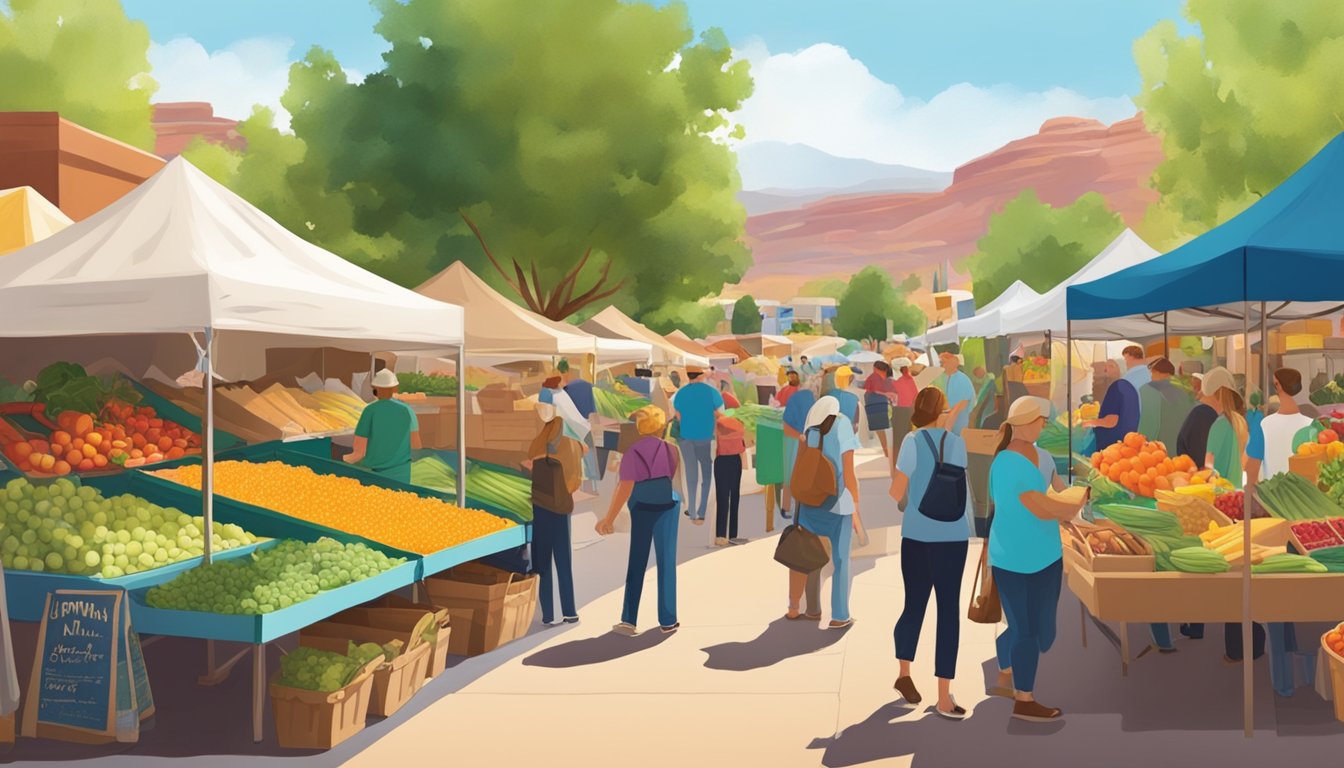 A bustling farmers market in St. George, Utah, with colorful produce, local vendors, and a vibrant community atmosphere