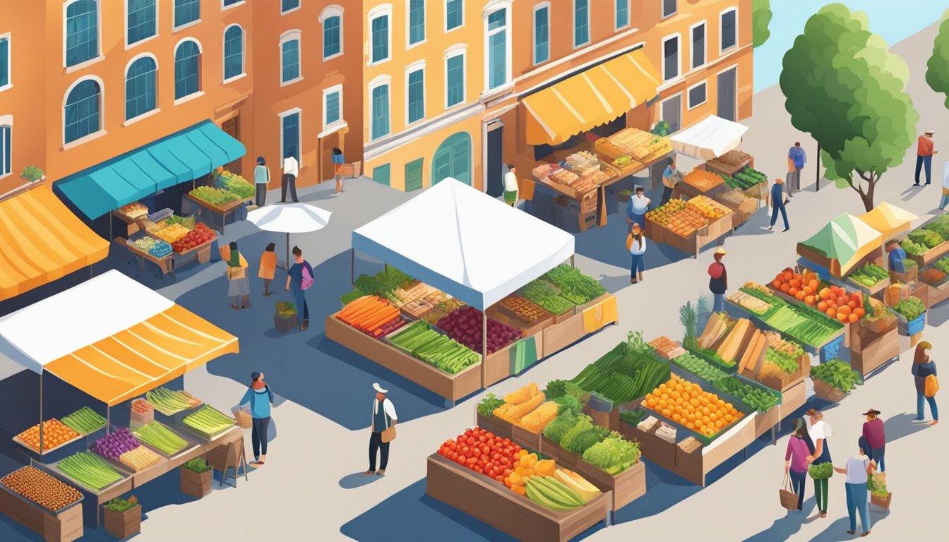 A bustling farmers' market with colorful stalls and friendly vendors selling fresh produce and homemade goods