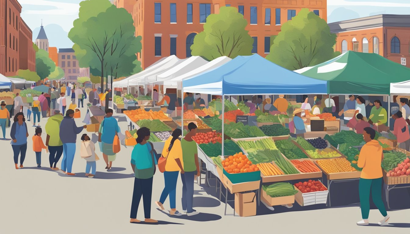 A bustling farmers market with colorful produce stalls and a diverse crowd browsing through the local food coop guide in Albany, NY