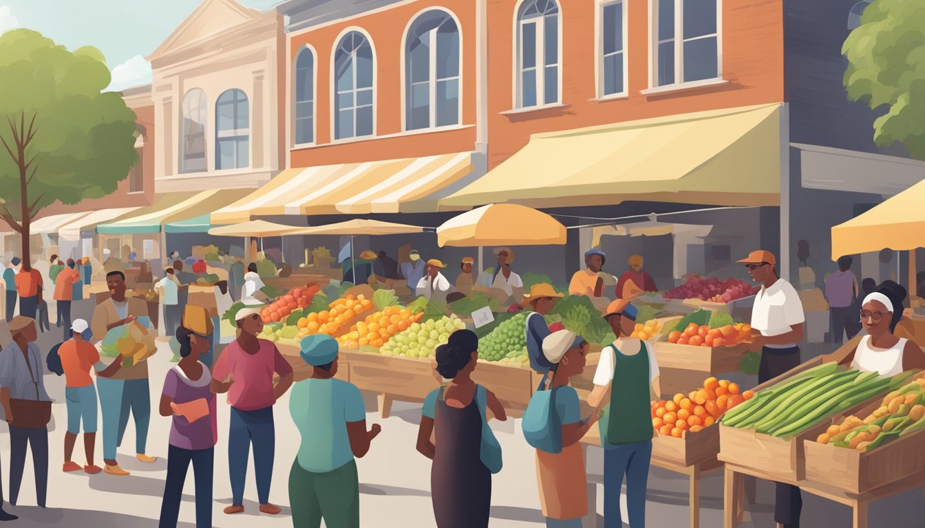 A bustling farmer's market with colorful produce, local vendors, and community members exchanging goods and conversation