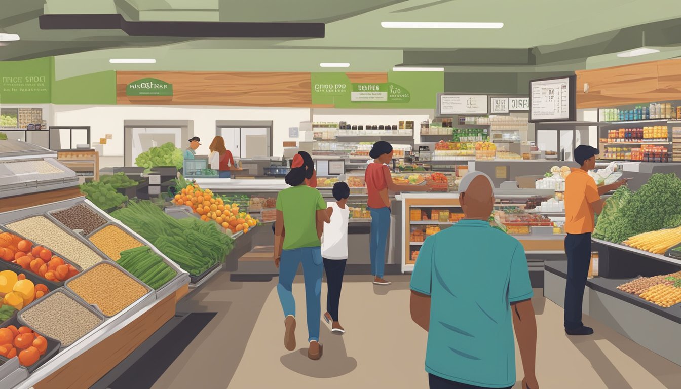 A bustling food co-op in St. George, UT, with locals browsing fresh produce, bulk grains, and specialty items. A friendly staff member assists a customer at the checkout counter