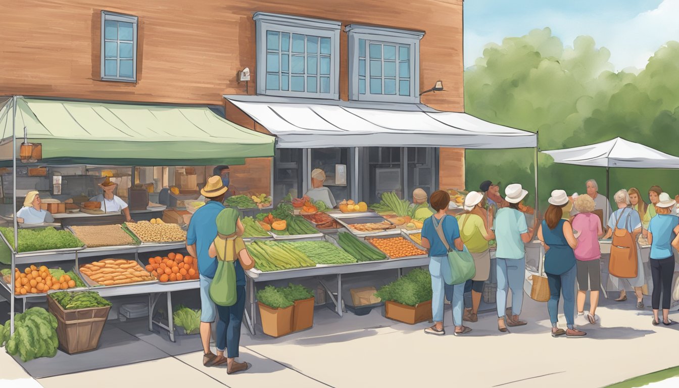 A bustling local food event with workshops, vendors, and a coop guide in Conroe, TX. Tables display fresh produce, artisanal goods, and cooking demonstrations