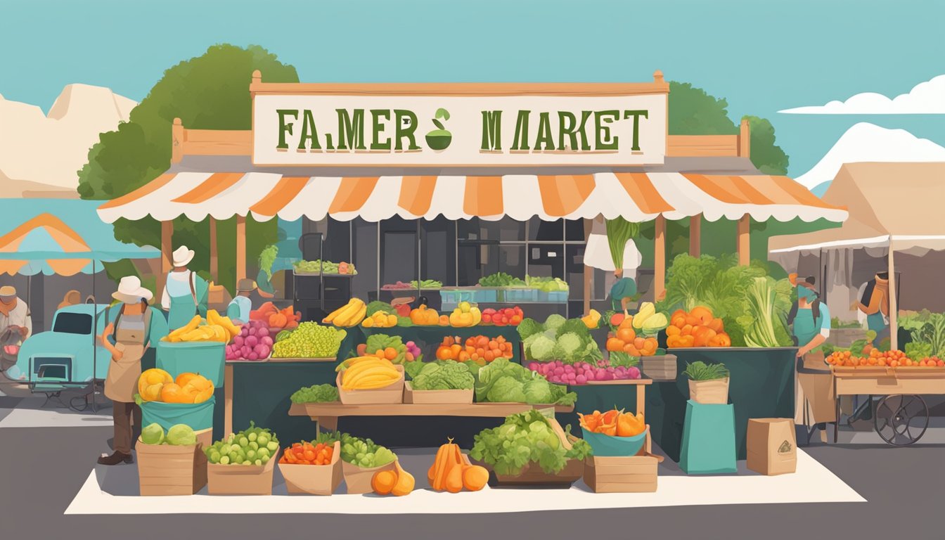 A vibrant farmers' market with colorful produce, local vendors, and eco-friendly signage in St. George, Utah