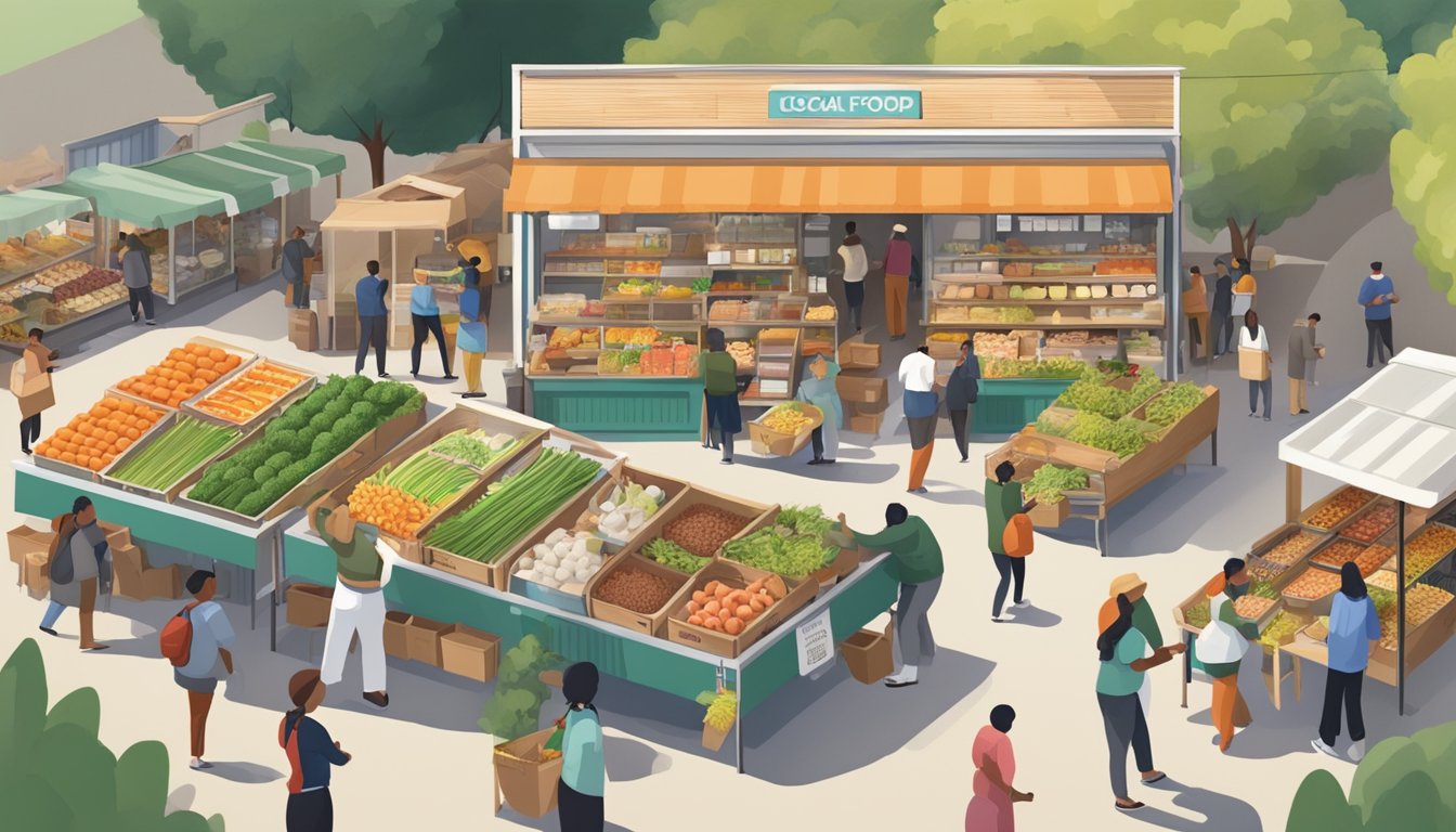 A bustling local food coop with diverse vendors and engaged community members