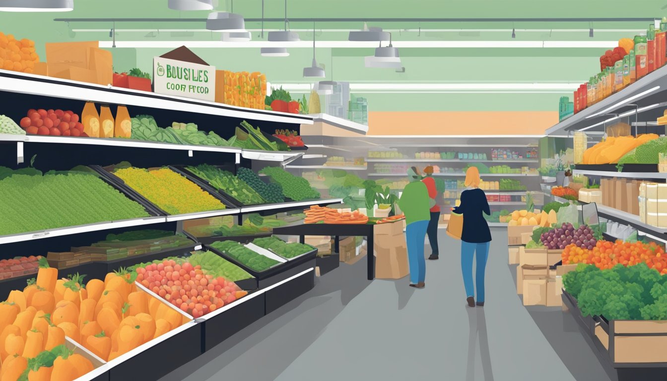 A bustling local food co-op in Albany, NY, with shelves stocked with fresh produce, dairy, and other locally-sourced goods. Busy customers browse the aisles, and employees restock products