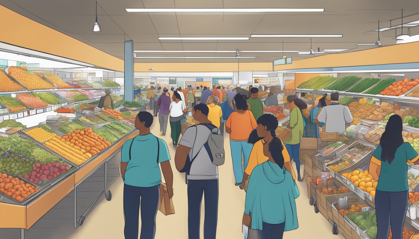 A bustling local food coop in Ontario, CA, with diverse groups of people browsing through the aisles and engaging with vendors