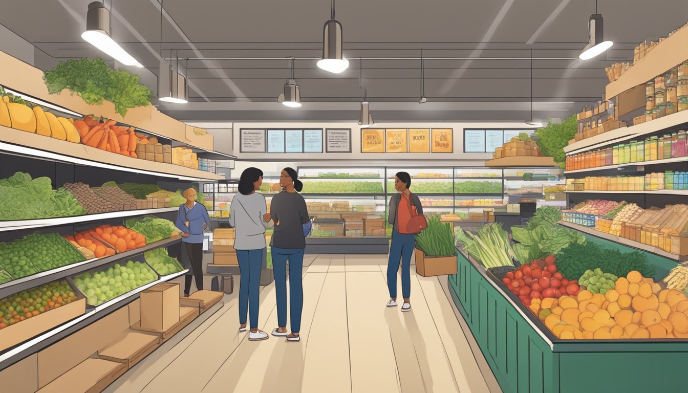 A bustling local food cooperative in Woodbridge, NJ, with shelves stocked full of fresh produce, bulk grains, and artisanal products. Customers chat with friendly staff while shopping for sustainable, community-sourced goods