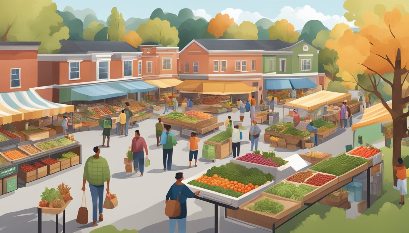 A bustling farmers' market with colorful displays of fresh produce, local meats, and artisanal products, surrounded by a community garden and a cooperative store