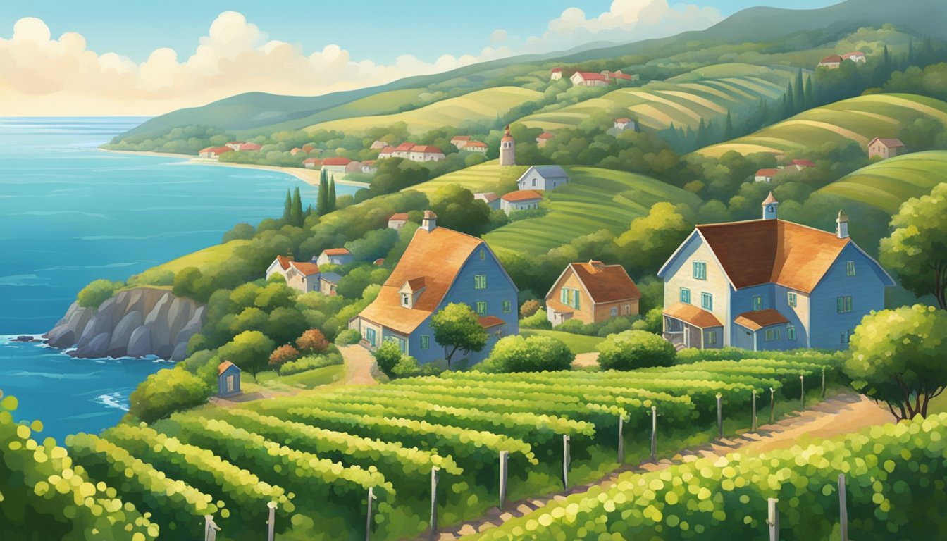 Rolling hills, lush vineyards, and quaint cottages dot the landscape, with a backdrop of the sparkling blue ocean