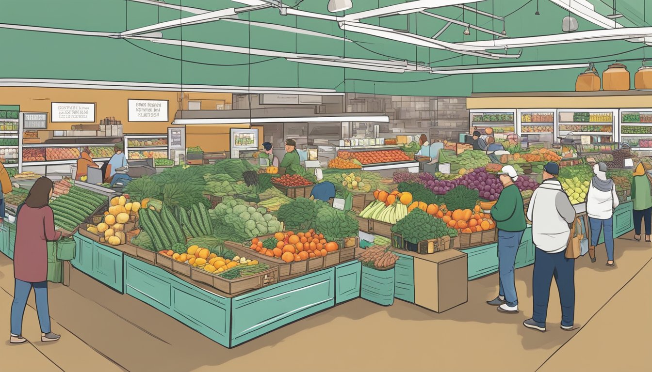 Customers browsing fresh produce, bulk items, and specialty foods at a bustling local food co-op in Eugene, Oregon