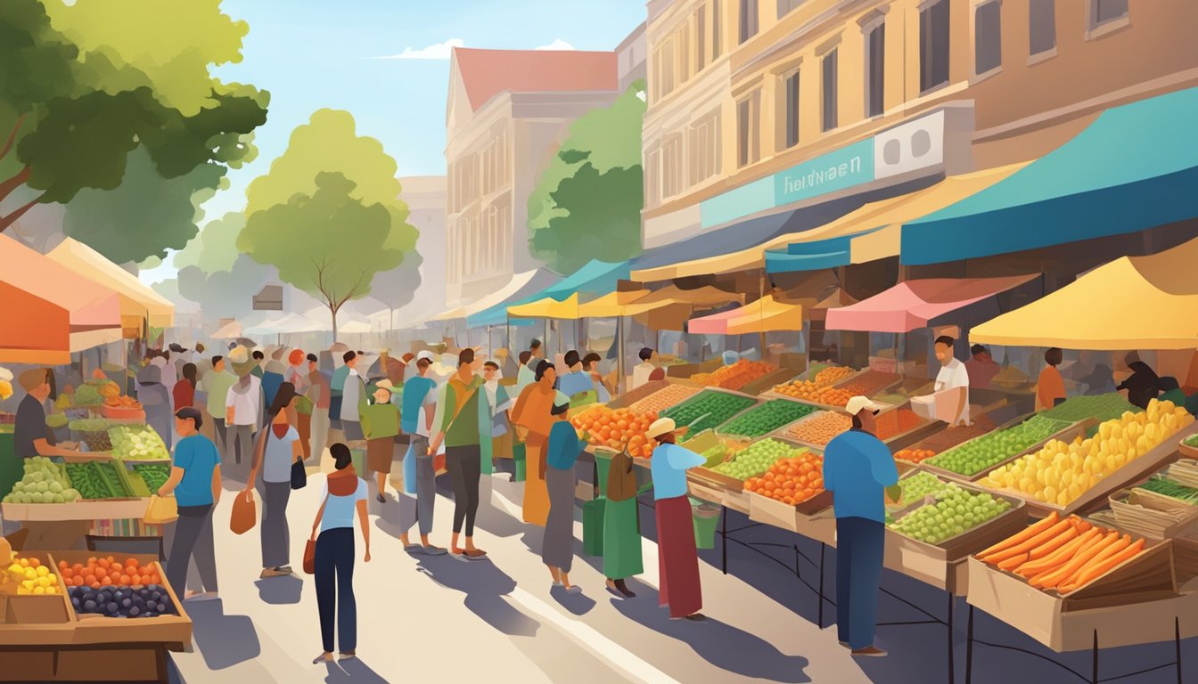 A bustling street market with colorful stalls and a variety of locally grown produce, surrounded by eager shoppers and friendly vendors