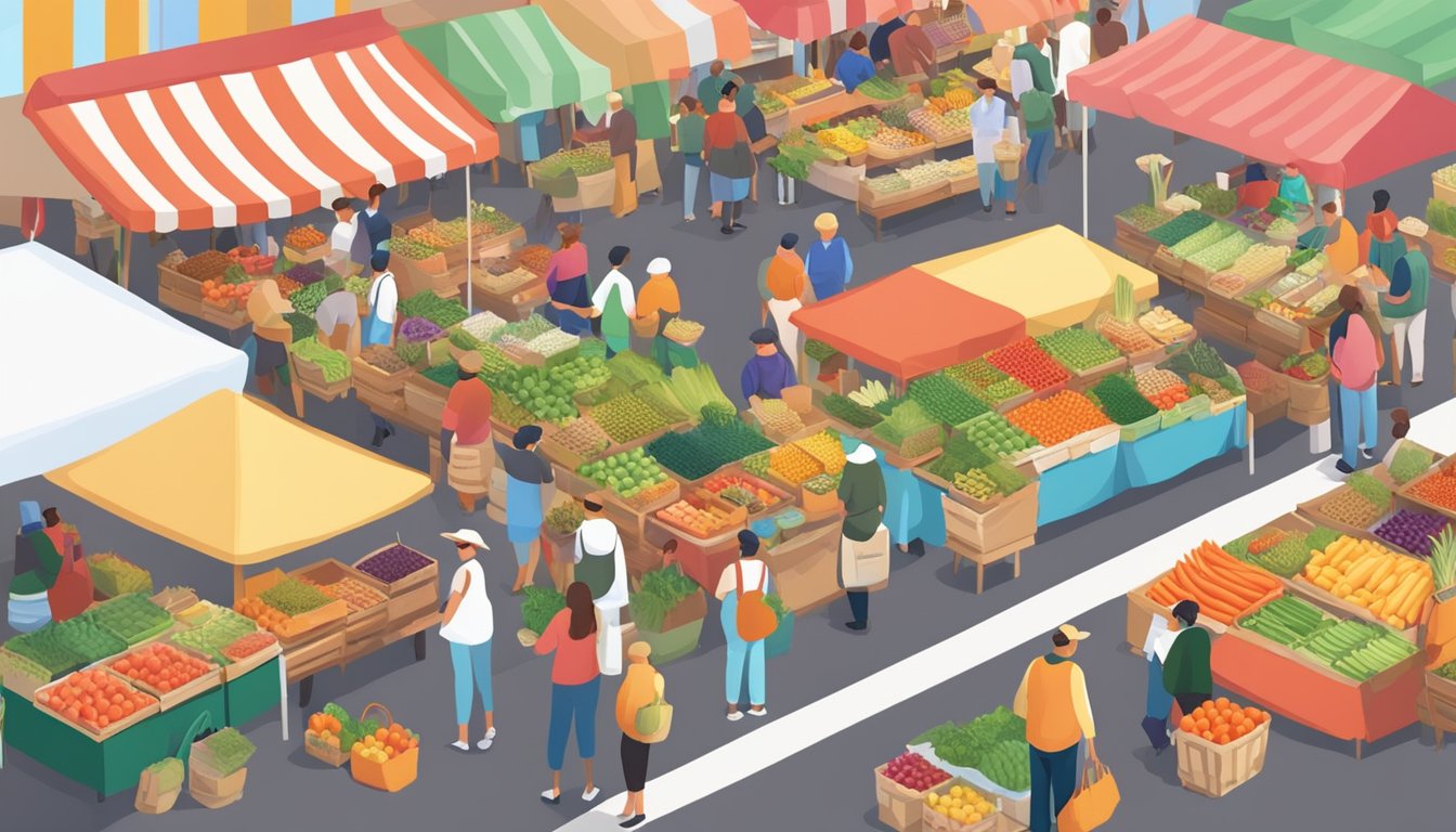 A bustling farmers' market with colorful produce stalls and a diverse crowd browsing and purchasing fresh, locally-sourced food items