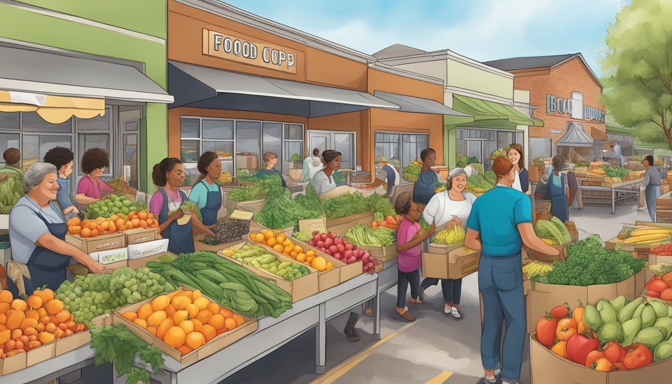 A bustling food co-op with colorful produce, local products, and friendly staff assisting members with their purchases