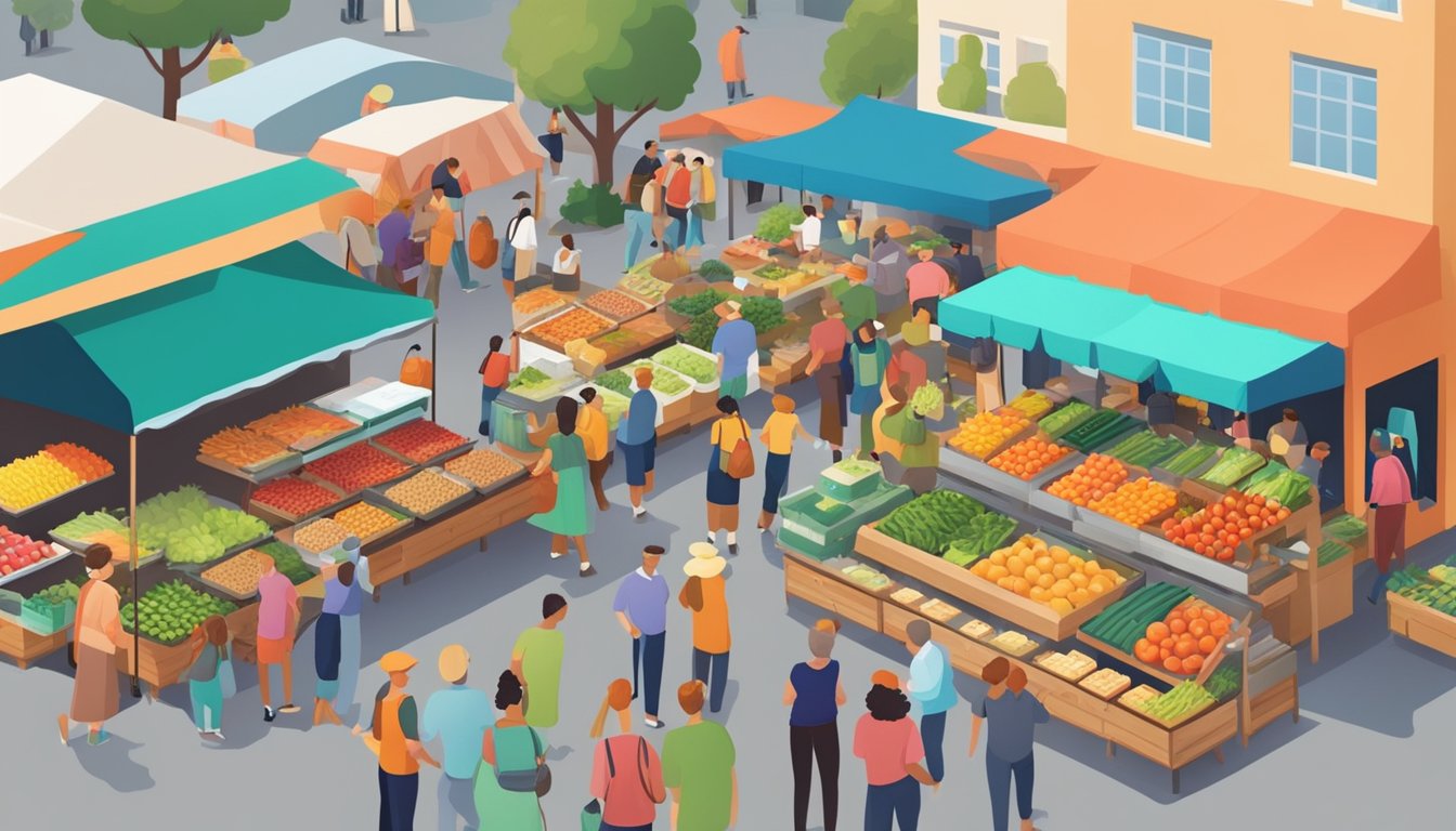 A bustling farmers' market with colorful produce stalls and a variety of local food vendors, surrounded by enthusiastic co-op consumers