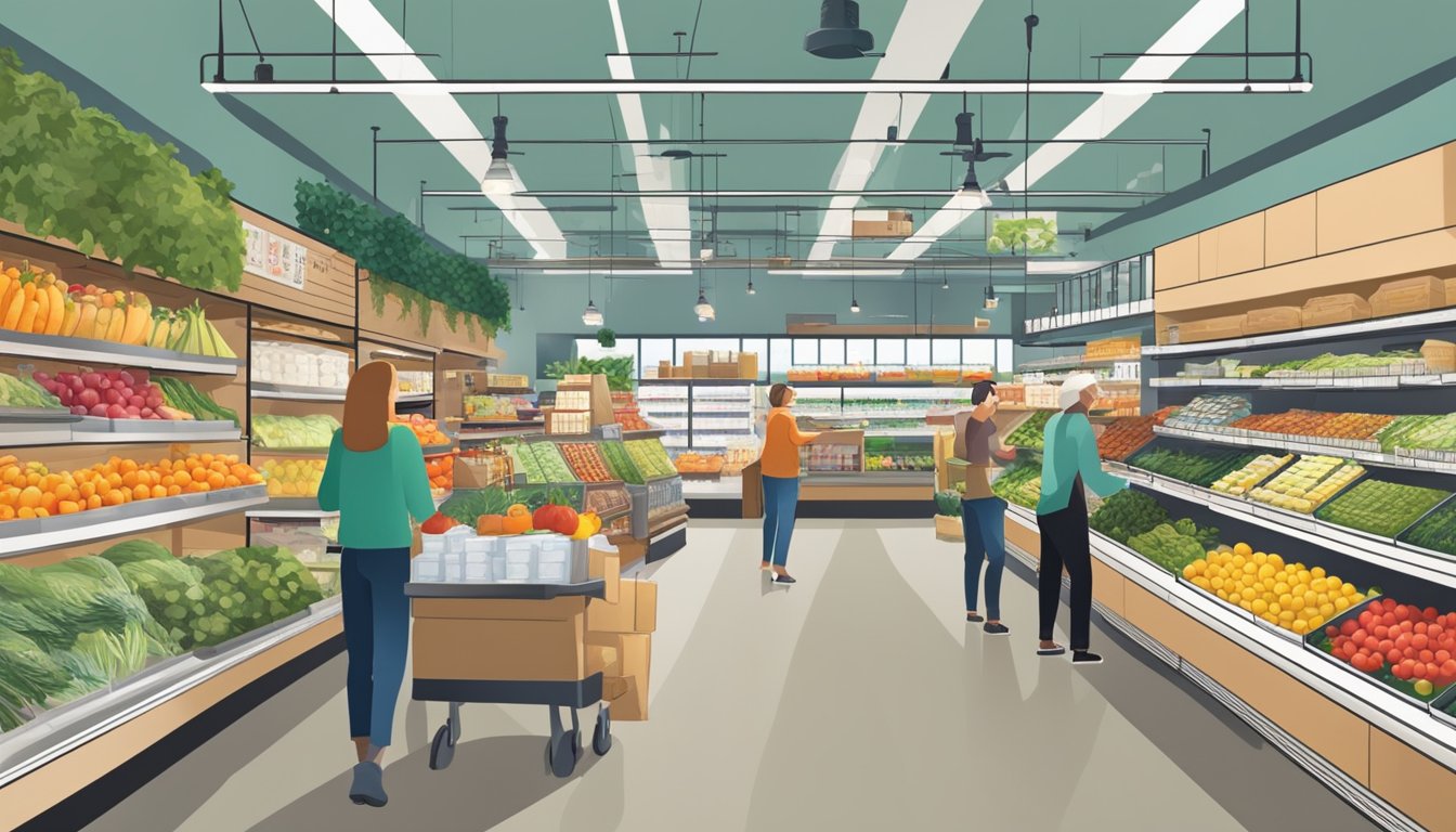 A bustling local food co-op in Carmel, IN, with shelves stocked with fresh produce, dairy, and artisanal products. Customers browse the aisles, chatting with staff and fellow shoppers