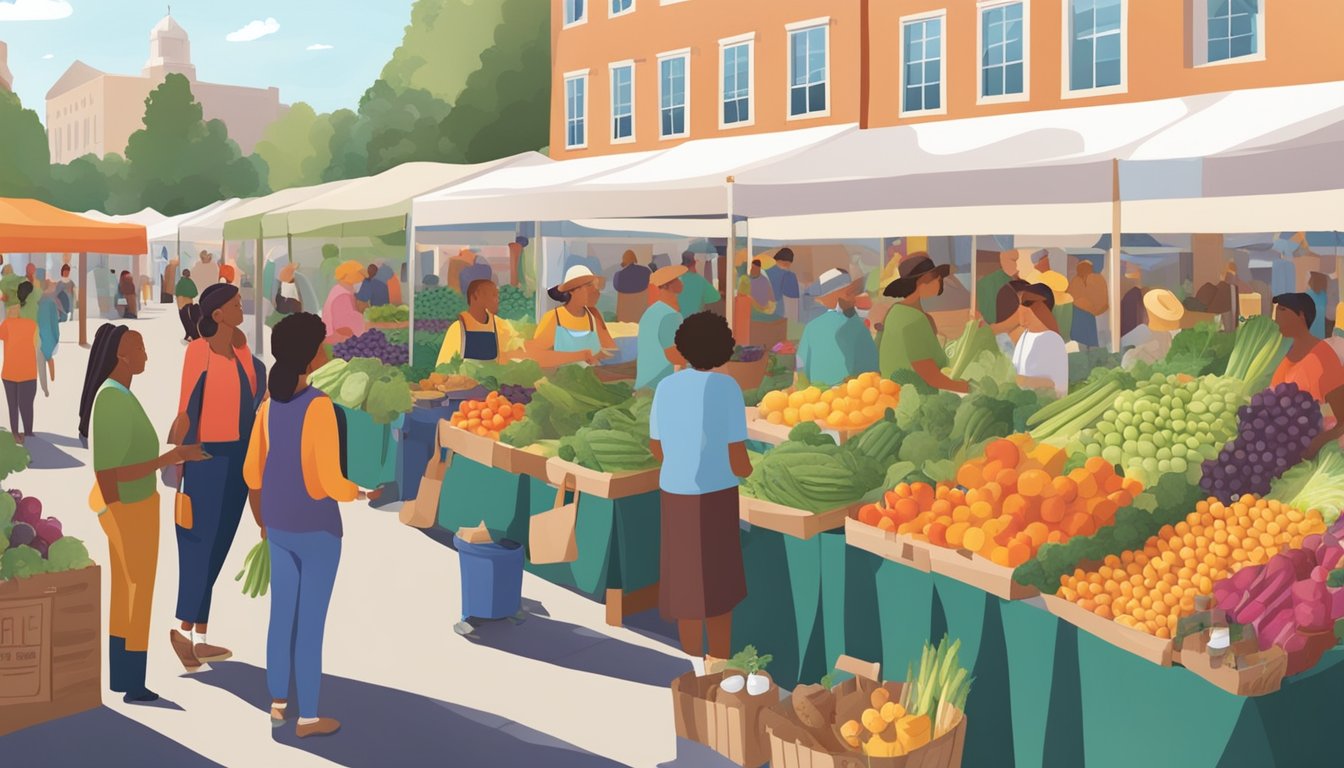 A bustling farmers market with colorful produce, local vendors, and community members engaging in conversations about sustainable living