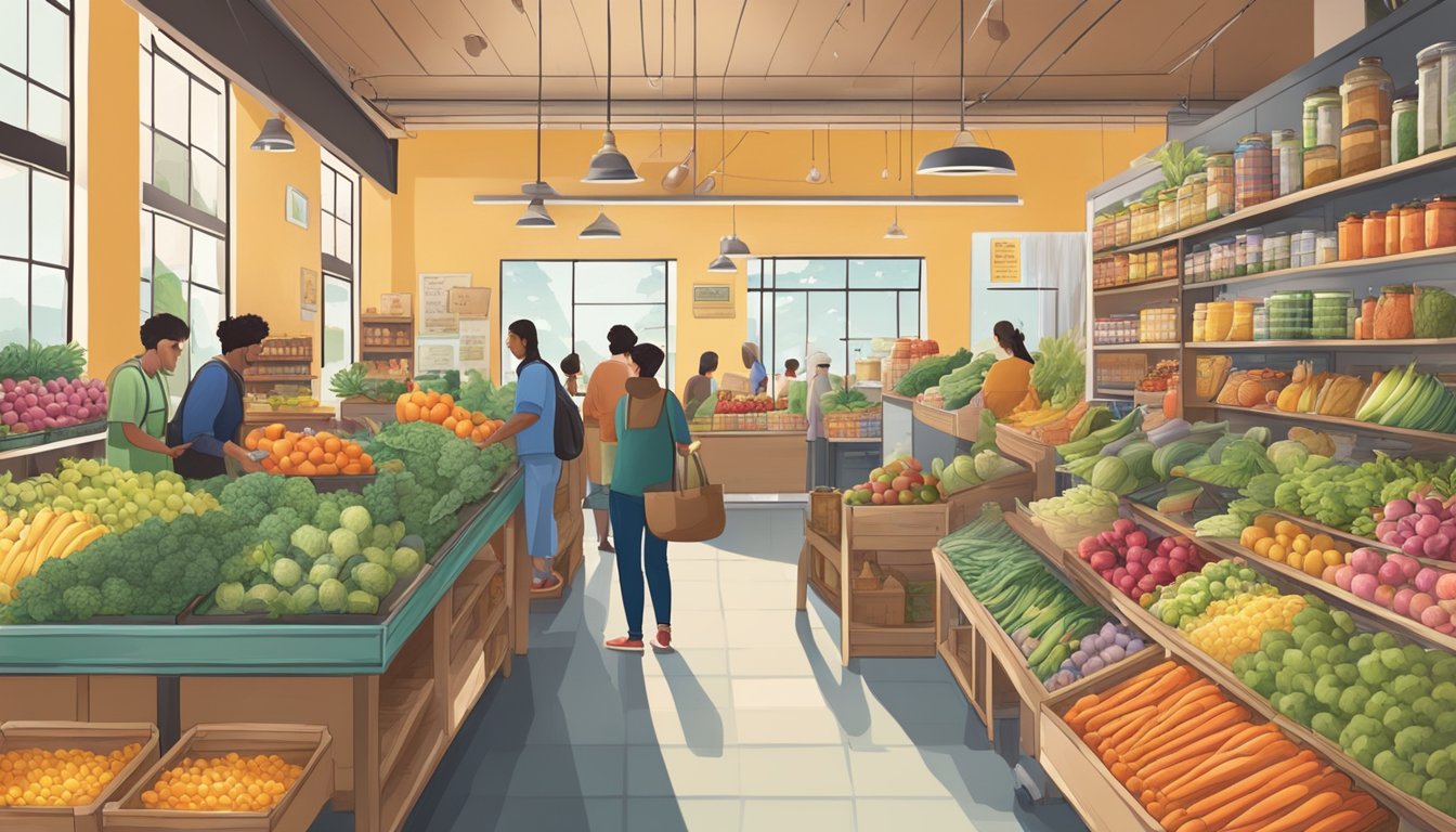 A bustling local food co-op with colorful produce, artisanal goods, and friendly vendors. Customers browse the shelves and chat with the staff