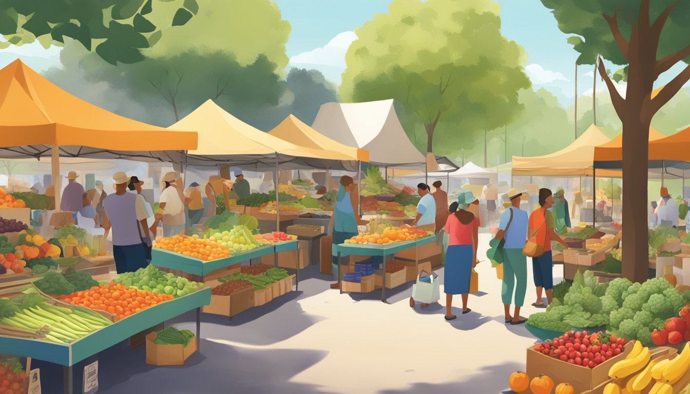 A bustling farmers' market with colorful produce, homemade goods, and local vendors under a canopy of trees