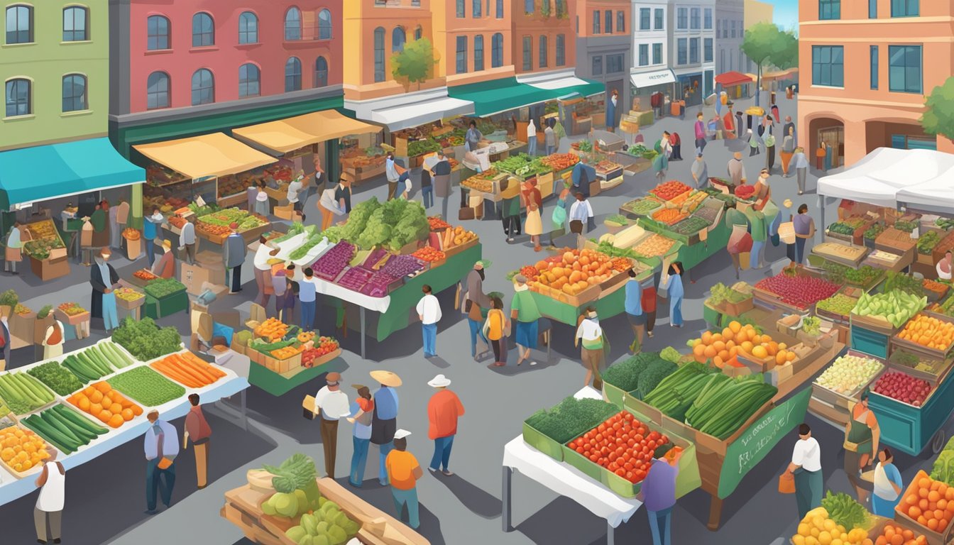 A bustling farmers' market with colorful displays of fresh fruits and vegetables, surrounded by eager shoppers and local food coop vendors